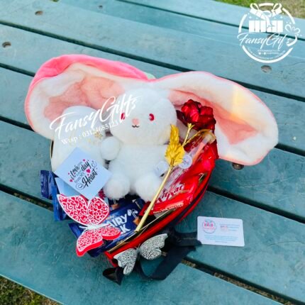 Luxury Heart With Fluffy Rabbit , customize cards ,Chocolates, King/Queen Mug and Meta Flowers