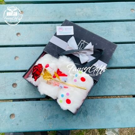 Luxury Box With Fluffy Tedddy Bear , customize cards ,Chocolates and Meta Flowers