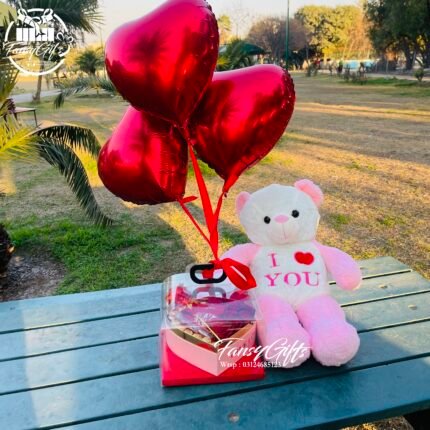 Luxury Floral Heart With Big Teddy and Ballons